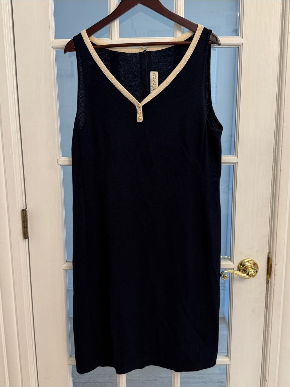 ST. JOHN Women’s Collection Vintage Navy Cream Knit Sleeveless Shift Dress 16